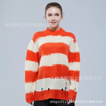 Star isto žensk jesen in zimo, volnene pulover z luknjami in proge AC moher pulover z votlo pletene spodnji plašč