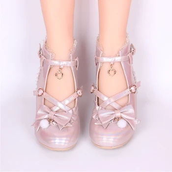 Harajuku sladko lolitas čevlji letnik krog glavo visoko-top ženske čevlje lepe čipke bowknot prečni trak kawaii čevlji loli cosplay