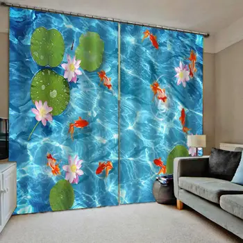 Modro vodo ribe louts zavese Zavese 3D Luksuzni Blackout Okna Zavese Dnevna Soba Dekoracijo zaves