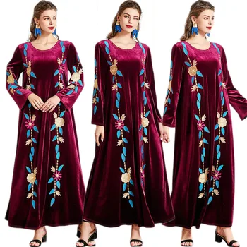 Moda za Ženske Žamet Dolgo Obleko Vezenje Muslimani, Arabski Abaya Etnične Bližnjem Vzhodu Pozimi Maxi Haljo Caftan O-vratu Eleganten Stranka Nova