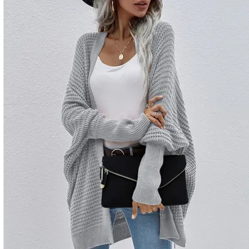 Prevelik batwing rokav, pletene cardigan Ženske casaul ulične trdna jesensko zimski pulover Ženski elegantni sivi skakalec 2021