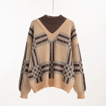 Topel pulover ženske puloverju pol-visok ovratnik kariran ponaredek dva-kos tanke plesti pulover pozimi zunanji obrabe Hong Kong slog stitchin
