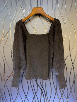 2021 nove ženske modni širok ovratnik barva za dekoracijo elastično hlačnice vse-tekmo bluzo pulover 1031