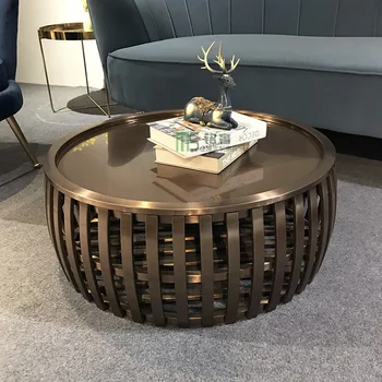 Sodoben minimalističen, dnevna soba okroglo mizo iz nerjavečega jekla, ustvarjalne bronasto nizko mizico model sobno pohištvo
