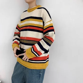 Črtasto Swetaers Moških Korejski Moda Priložnostne Ulične Puloverji Moških Modnih Oblačil Jesen Zima Vrhovi Moške Majice Z Dolgimi Rokavi