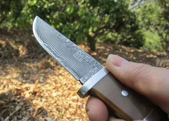 Visoko trdoto Ročno Damask jekla Lovski Nož za Kampiranje Survival Nož ox rog ročaj Fiksno Rezilo Taktično Nož