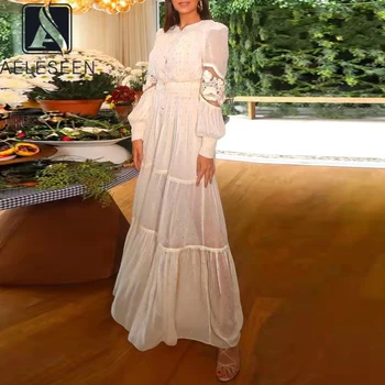 Moda vzletno-pristajalne Steze 2022 Jeseni Dolga Obleka Ženske Bele beloprsi Singl Letnik Elegantna Vezenina 3D Cvetje Visoke Kakovosti Stranka Obleko 0
