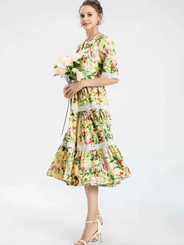 Ženske Maxi Obleko 2021 Modi Nove Čipke Mozaik Tiskanje Obleke V Vratu Kratek Flare Rokav Princesa Vestidos