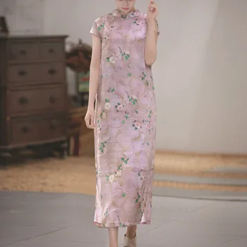 Poletje novi Kitajski slog ramije stojalo ovratnik Qipao izboljšala kratek rokav obleka ohlapno tisk art krilo 0