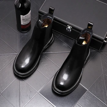 Anglija oblikovalec moda za moške chelsea škornji toplo krzno, zimski čevlji na prostem platformo boot black brown sneg botas hombre zapatos