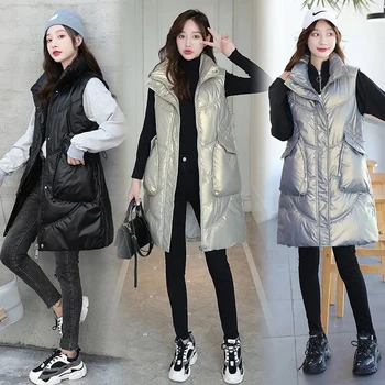Zimske Ženske Dolgo Telovnik Plašč Korejski Trdna Brez Rokavov Suknjič Bombaž Debel Oblazinjeni Priložnostne Gilet Outwear Jeseni Waistcoat Lady Parkas 0