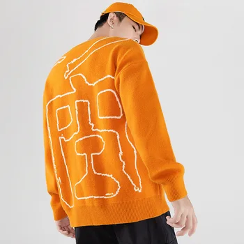 Kitajska kaligrafija vzorec Prevelik pulover ohlapno okoli vratu oranžna retro ljubitelji' puloverju Harajuku velikosti ohlapen pulover