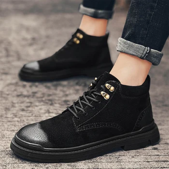 Britanski stil moški modni brogue kavbojski škornji svinjskega usnja bullock čevlji na prostem platformo gleženj boot zapatos de hombre botas človek