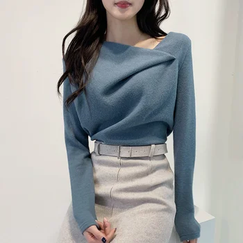 Korejski Pulover Puloverju Pozimi Elegantno Meglica Modra in Bela Modela Občutek Poševna Ovratnik Nezakonitih Long Sleeve Jopica Ženske