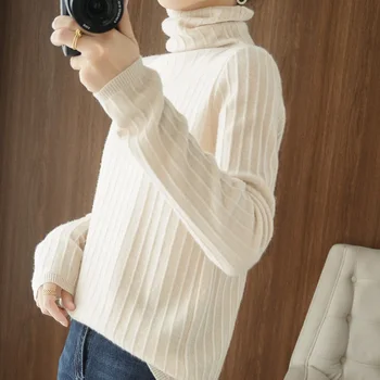 Kašmir pulover ženske turtleneck pulover čiste volne, pleteni pulover topel fashion sexy top svoboden velika velikost pulover