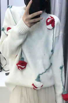 Moda Cvet Pulover 2021 Jeseni, Pozimi ženska Oblačila Novih Težkih Krog Vratu, Ohlapno Pleteno Pulover z Dolgimi Rokavi Elegantno Vrh
