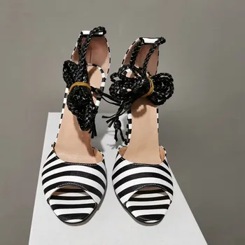 SHOFOO čevlji,Eleganten modni ženski sandali, črno bele proge, približno 11 cm visoko peto sandali, ženske sandale. Velikost: 34-45