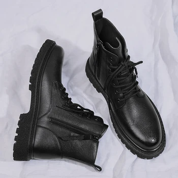 Pravega Usnja Zimski Škornji za Moške Black High-top Priložnostne Čevlji Kavbojski Škornji Krog Toe Platforma Čevlji Zapatillas Hombre Moški *