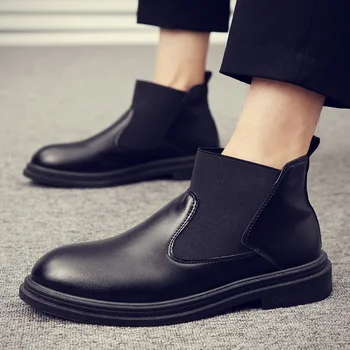 2020 Pomlad/Zimske Moške Chelsea Škornji,Britanski Stil Modni Škornji,Črna Brogues Mehko Usnje Priložnostne Čevlji Črni Škornji