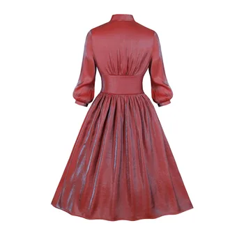 Gumb Devet Točk Rokav Proti-Vrat Mid-Tele Golo žensko Obleko Elegantno Pearlescent Ženski Retro Obleke Rdeče Gothic A-linija Obleke