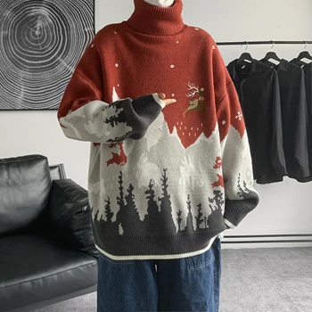 Jeseni in pozimi nove Božič moški pulover tiskanje priložnostne dolgo sleeved visoko vratu puloverju moda ohlapen pulover vezene