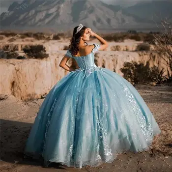 Charro Quinceanera Obleke S 3D Cvetlični Cvetje Off Ramenski Sweet 16 Stranka Obleko Nositi Princesa Halje Vestidos De Xv Años
