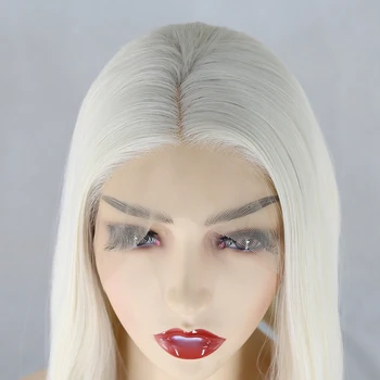 BTWTRY Platinum Blonde Sintetičnih Čipke Spredaj Bob Lasulje Kratke Lase Slog Svilnato Naravnost Lasuljo za Ženske #60 Srednji Del Cosplay Lasuljo