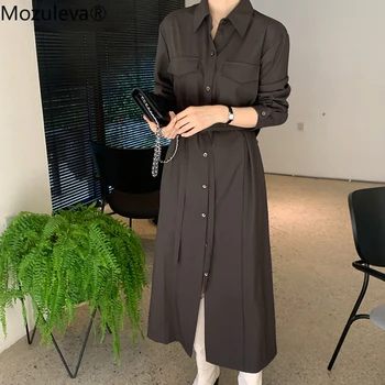Mozuleva Novo Pomlad Moda Enotni-zapenjanje Žensko Obleko Poln Rokav Svoboden Čipke-up Ženske obleke 2022 Elegantne Dame Midi Vestidos