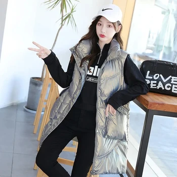 Zimske Ženske Dolgo Telovnik Plašč Korejski Trdna Brez Rokavov Suknjič Bombaž Debel Oblazinjeni Priložnostne Gilet Outwear Jeseni Waistcoat Lady Parkas 1