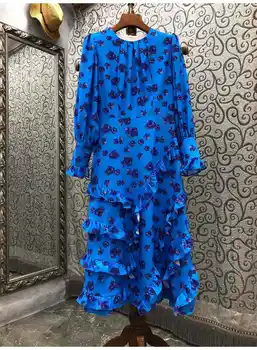 Najnovejši Modni Oblikovalec Obleko 2021 Jeseni, Pozimi Stranka Dogodkov Žensk O-Vratu Očarljivo Cvjetnim Tiskanja Kaskadne Ruffle Modra Obleka 4