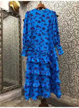 Najnovejši Modni Oblikovalec Obleko 2021 Jeseni, Pozimi Stranka Dogodkov Žensk O-Vratu Očarljivo Cvjetnim Tiskanja Kaskadne Ruffle Modra Obleka 5
